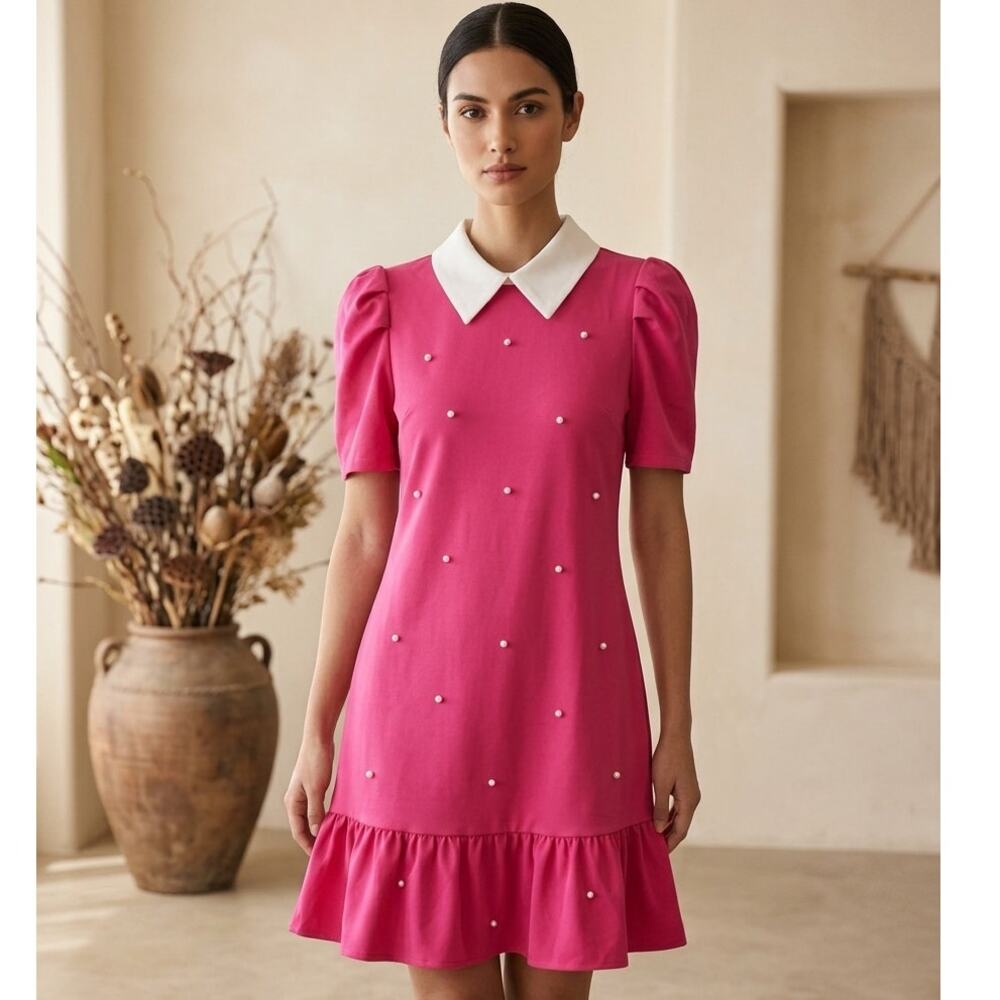 NWOT SHEIN Mini Dress Womens S Hot Pink Pearl Accent Collared Puff Sleeve Ruffle